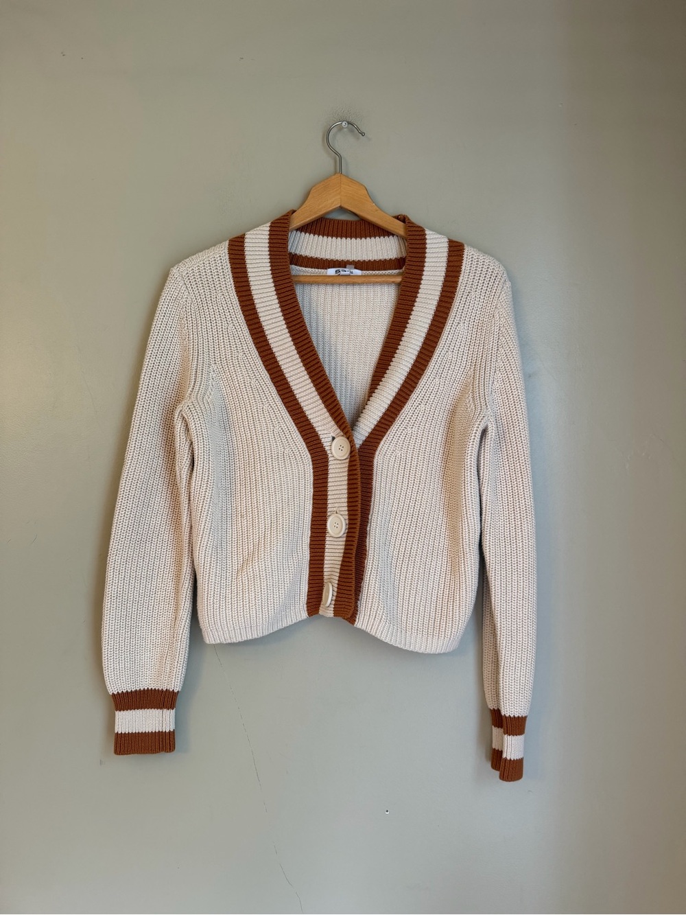525 America Cream Brown Striped Cotton Cropped V-Neck Cardigan Sweater S Preppy